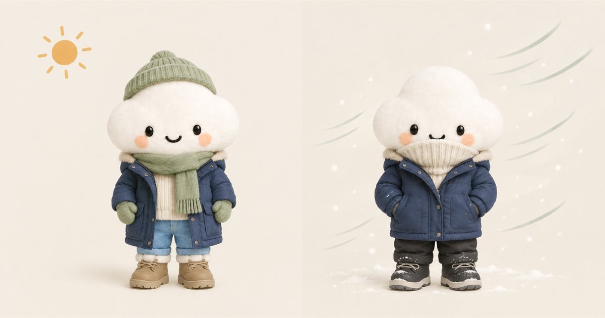 The Comfie cloud character shown twice. On the left, under a pale sun, it wears a navy parka over a cream sweater with a sage beanie, scarf and mittens, light blue rolled jeans and tan boots. On the right, in wind and blowing snow, it wears the same navy parka with a cream knit collar pulled up over its mouth, black insulated pants and dark winter boots