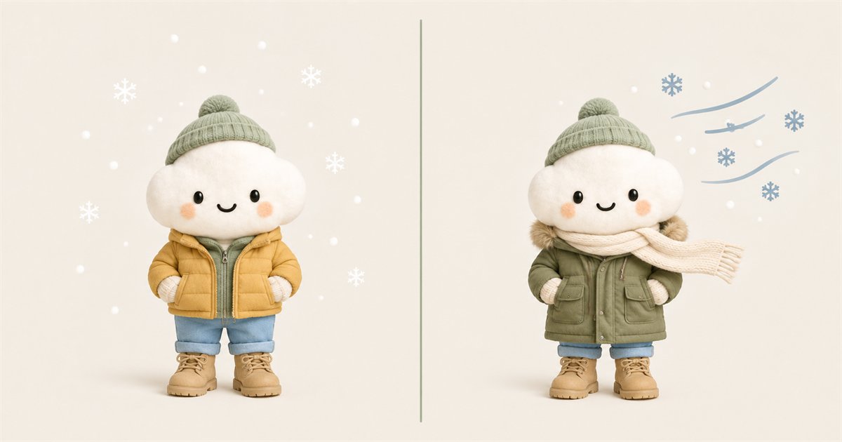 The Comfie cloud character shown twice, split down the middle. On the left, in still air with snow falling straight down, it wears a mustard puffer jacket over a sage fleece. On the right, with wind lines and snow blowing sideways, it wears an olive parka with a fur-trimmed hood and a cream scarf blowing in the wind. A sage beanie, cream gloves, light blue rolled jeans and tan boots on both