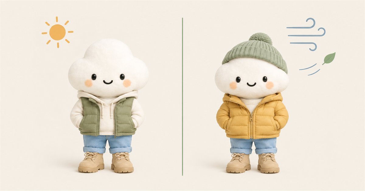 The Comfie cloud character shown twice, split down the middle. On the left, under a small sun, it wears a sage green puffer vest over a cream hoodie. On the right, with wind lines and a blowing leaf, it wears a mustard puffer jacket and a sage beanie. Light blue rolled jeans and tan boots on both
