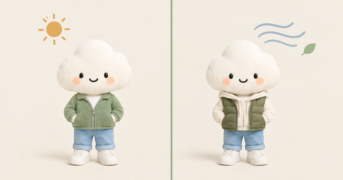The Comfie cloud character shown twice, split down the middle. On the left, under a small sun, it wears a sage green zip-up fleece over a white shirt. On the right, under blowing wind lines and a leaf, it wears an olive puffer vest over a cream hoodie. Light blue rolled jeans and white sneakers on both