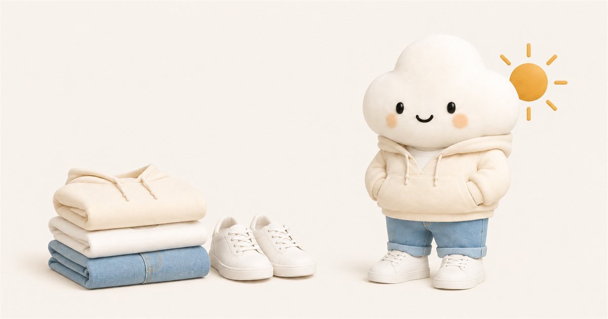 A folded stack of a cream hoodie, a white t-shirt and light blue jeans beside a pair of white sneakers, with the Comfie cloud character standing to the right wearing the same hoodie, t-shirt and jeans under a small golden sun