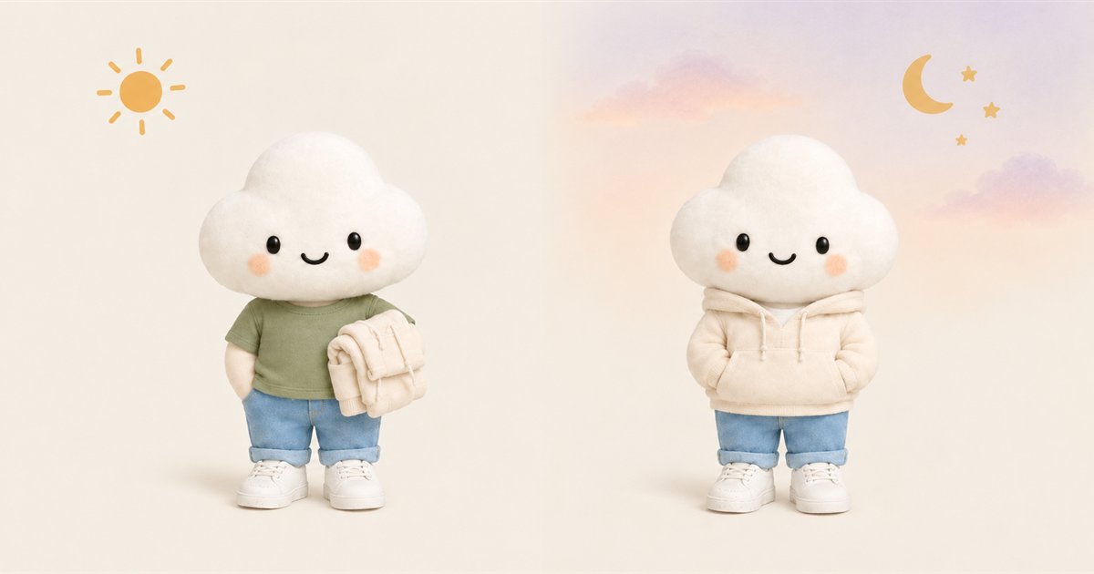 The Comfie cloud character shown twice, split down the middle. On the left, under a small sun, it wears a sage green t-shirt and carries a folded cream hoodie under one arm. On the right, under a soft dusk sky with a crescent moon and stars, it wears the cream hoodie with its hands in the pocket. Light blue rolled jeans and white sneakers on both
