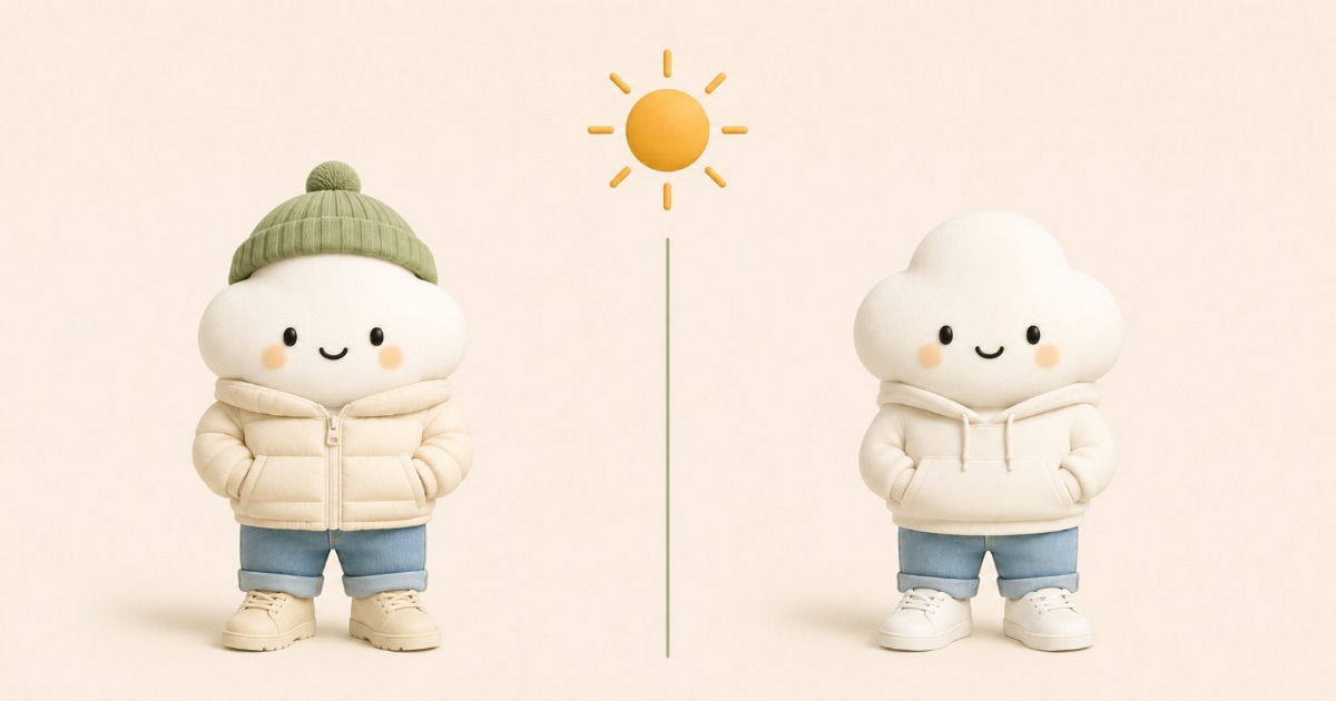 Two Comfie cloud characters under the same sun. One wears a puffer jacket and a green beanie, the other just a hoodie.