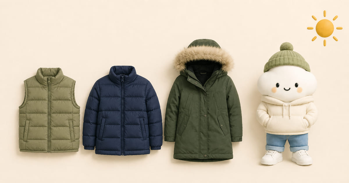 A sage green puffer vest, a navy puffer coat and a green parka with a fur-trimmed hood laid out in a row, next to the Comfie cloud character in a cream hoodie and a green beanie