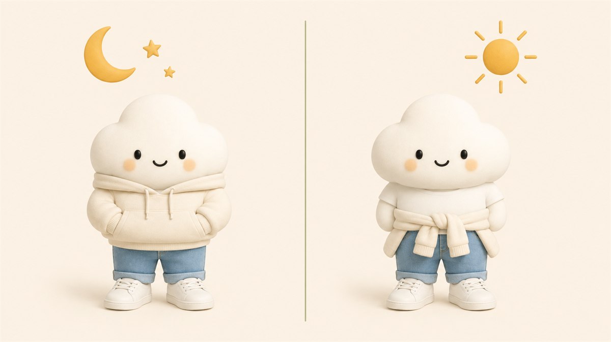 The Comfie cloud character twice. Under a crescent moon it wears a cream hoodie over jeans. Under the afternoon sun it wears the same jeans with the hoodie tied around its waist.