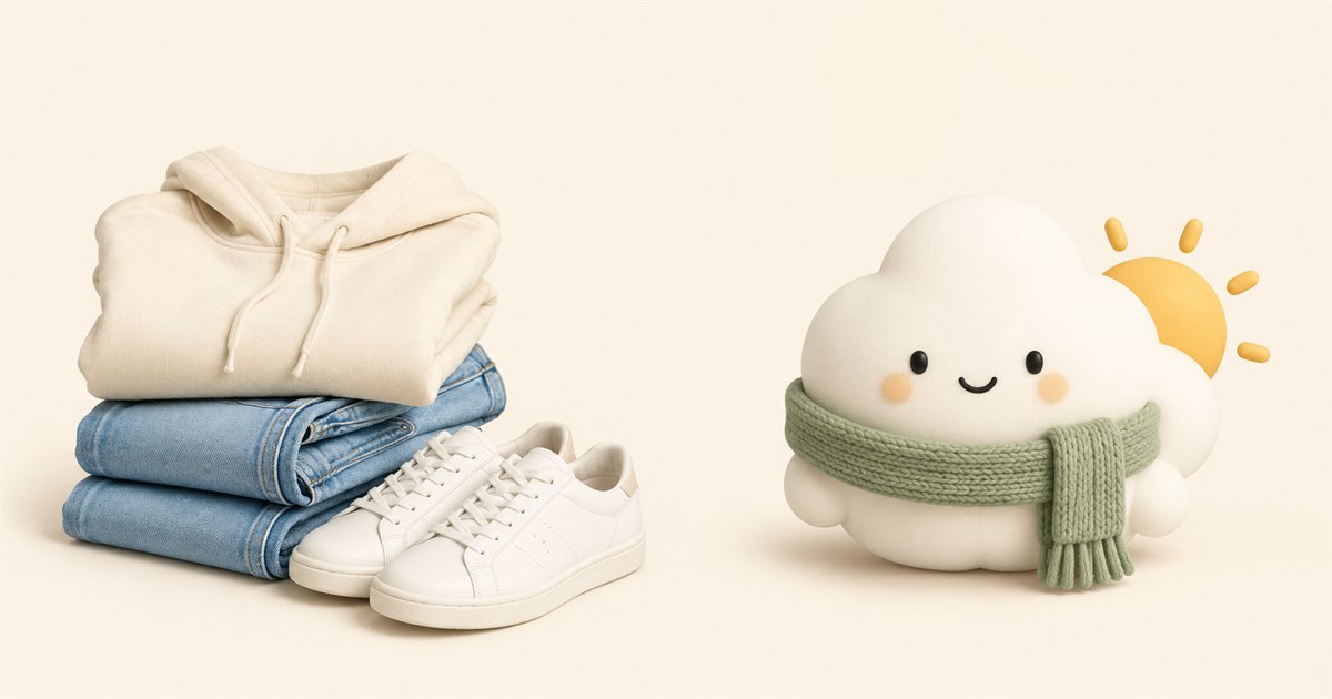 A folded cream hoodie, blue jeans and white sneakers next to the Comfie cloud character wearing a green scarf