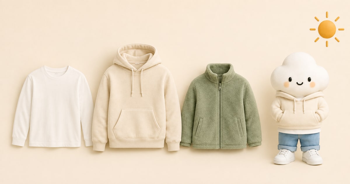 A white long sleeve t-shirt, a cream hoodie and a sage green fleece laid out in a row, next to the Comfie cloud character wearing the same cream hoodie over a white t-shirt, with blue jeans and white sneakers