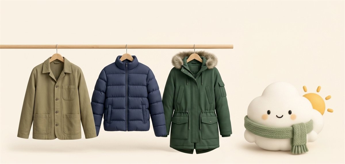 An olive light jacket, a navy puffer and a green parka hanging on a wooden rail next to the Comfie cloud character wearing a green scarf