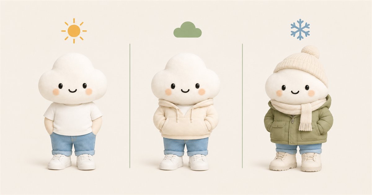 The Comfie cloud character three times over in the same blue jeans: in a white t-shirt and sneakers under a golden sun, in a cream hoodie and sneakers under a green cloud, and in an olive parka, cream beanie, scarf and boots under a blue snowflake