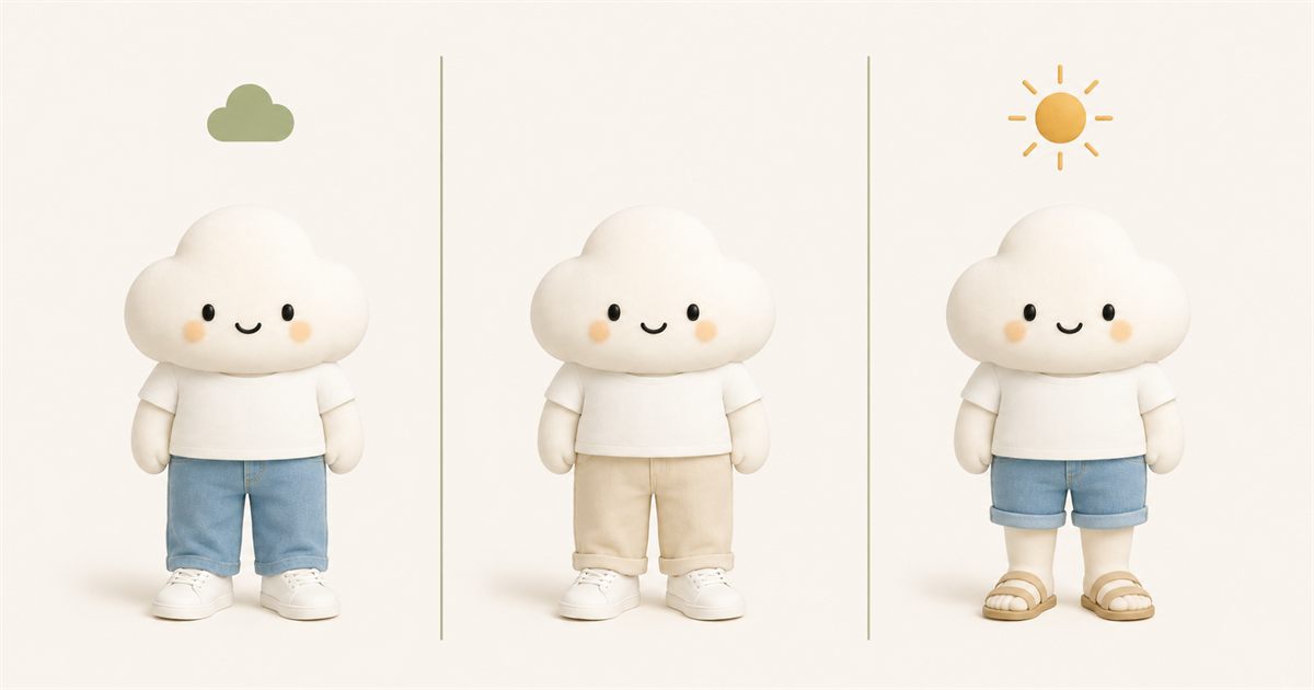 The Comfie cloud character three times over: in jeans and white sneakers under a small green cloud, in beige lightweight trousers and sneakers, and in denim shorts and tan sandals under a golden sun