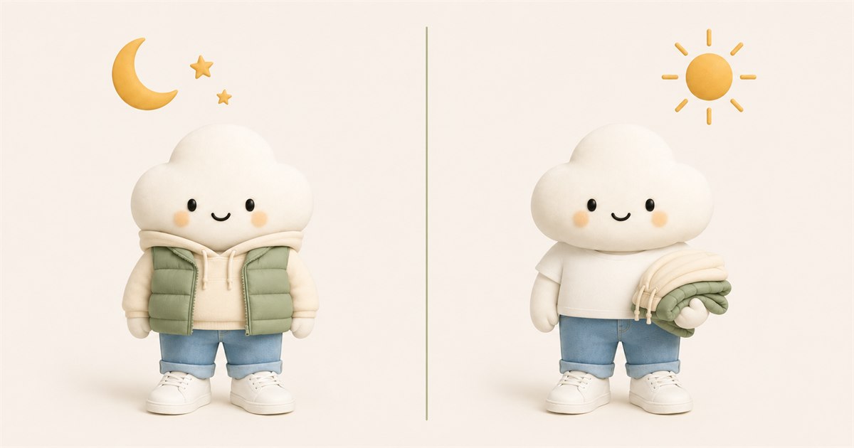 The Comfie cloud character twice. Under a crescent moon it wears a cream hoodie under a sage green puffer vest, with blue jeans and white sneakers. Under the afternoon sun it wears a white t-shirt with the same jeans and sneakers, carrying the folded hoodie and vest under one arm.